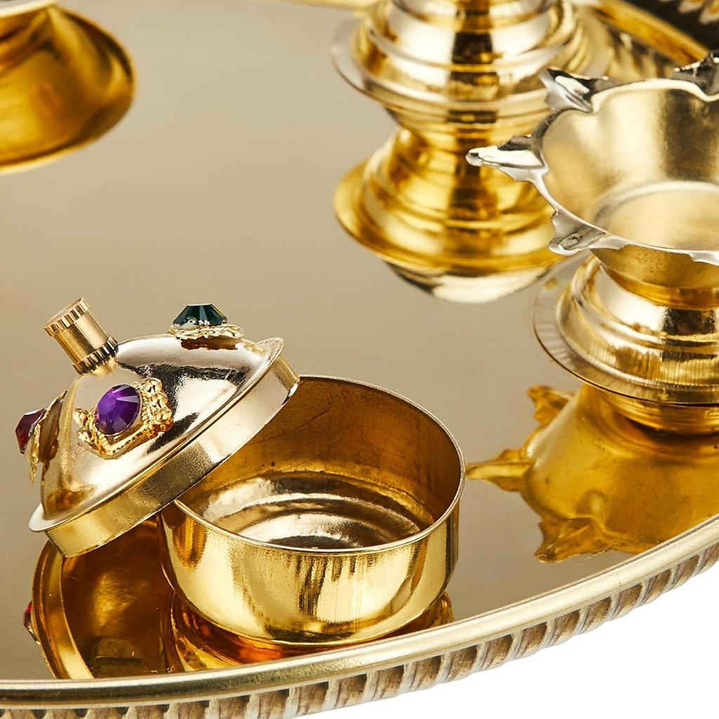 Brass Puja Thali with Accessories - Jyot, Bowls and Sindoor Box | Golden