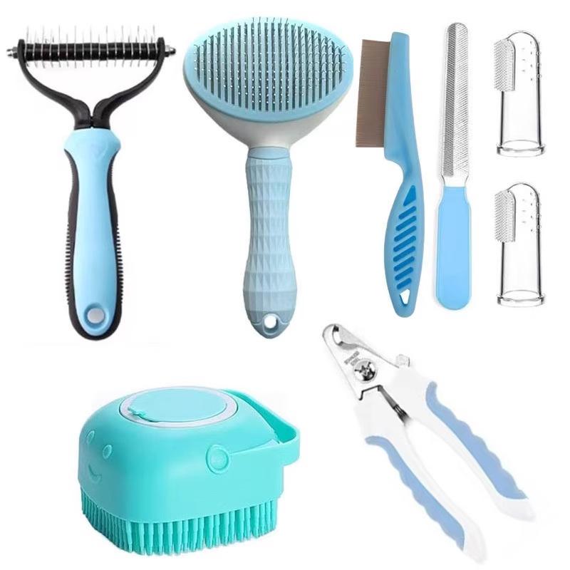 10-piece Cat and Dog Brush Beauty Set, Self-cleaning Rake Brush, Nail Clipper, Flea Comb, Bath Brush, Finger Cots