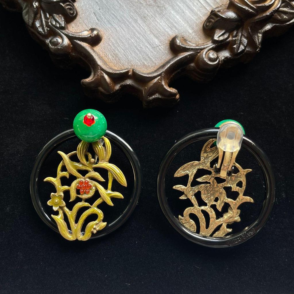 Vintage Chinese Enamel Clivia Exaggerated Western-Style Ear Clips for Women