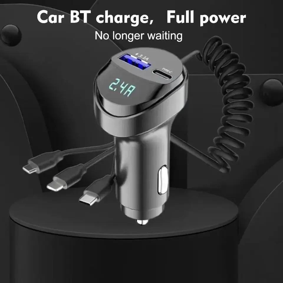 55W Car Phone Charger Car Fm Transmitter Quick Charging Adapter with 3 In 1 USB Retractable Charging Cable