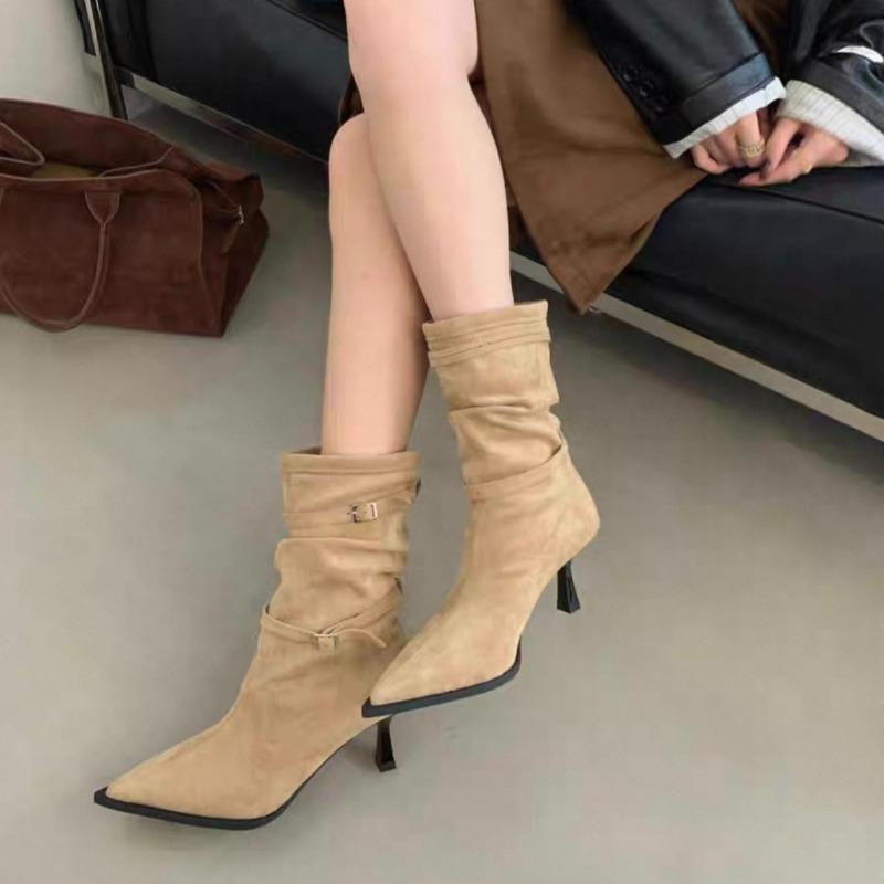 2025 Fashion Slim Heel Single Boots Pointed Toe Suede Metal Buckle Anti-Slip Wear-Resistant High Heel Booties