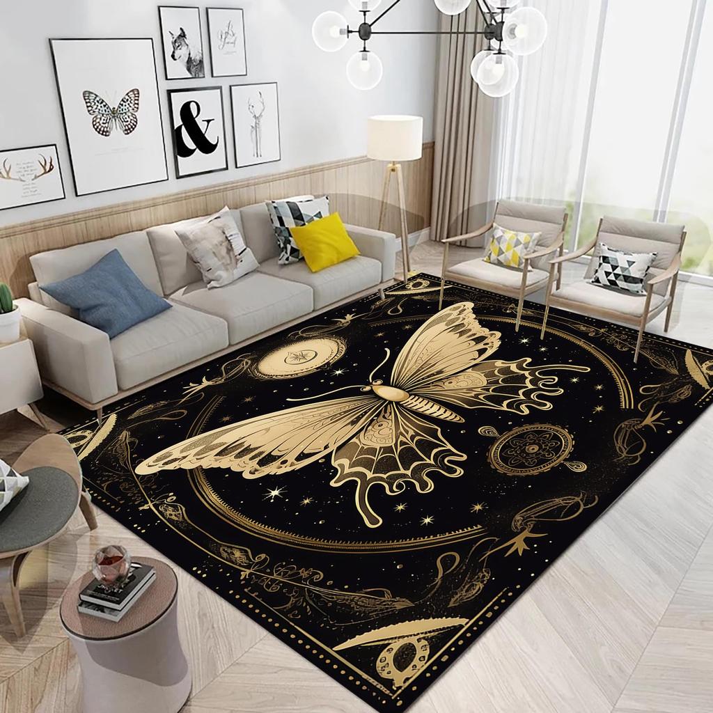 Butterfly Area Rug for Living Room Bedside, Gothic Moth Doormat Astrology Style Carpet Boho Exotic Starry Sky Indoor Floor Mat