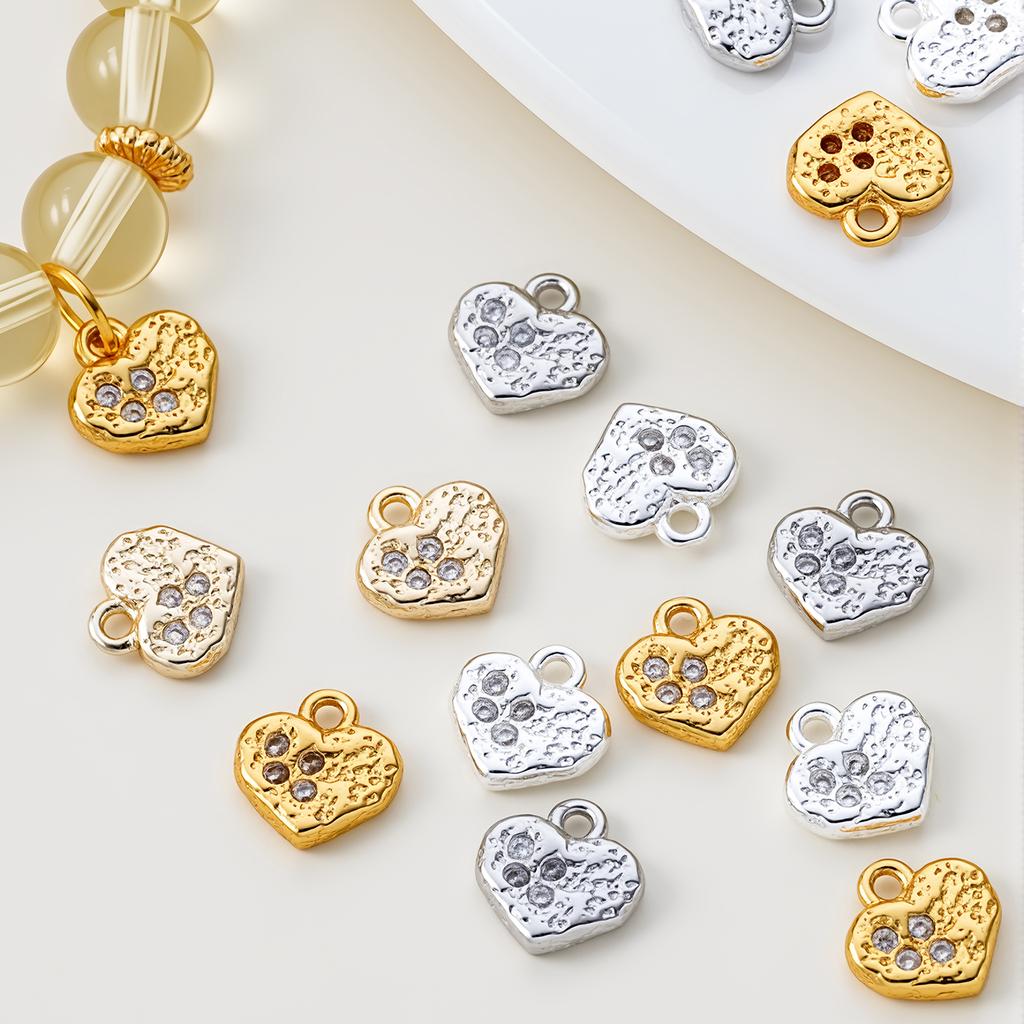 2Piece 14/18K Gold Color Plated Copper Heart Shape Pendants with Zircon for DIY Bracelet Necklace Jewelry Making Accessories