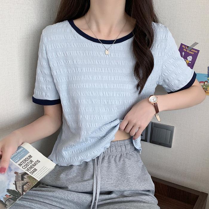 Women Summer Short Sleeve Round Collar Solid Color Pullover T Shirt Blouse Top