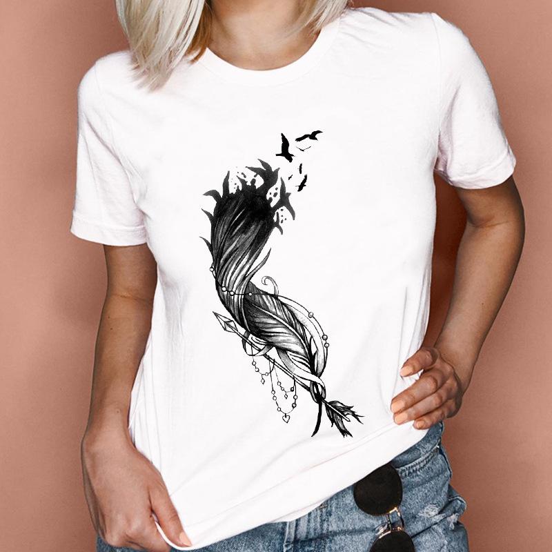 Fashion Feather Graphics Women T-Shirts Summer 90S Blouse Short Sleeve Tees O-Neck Female Tops Streetwear Y2K Clothing