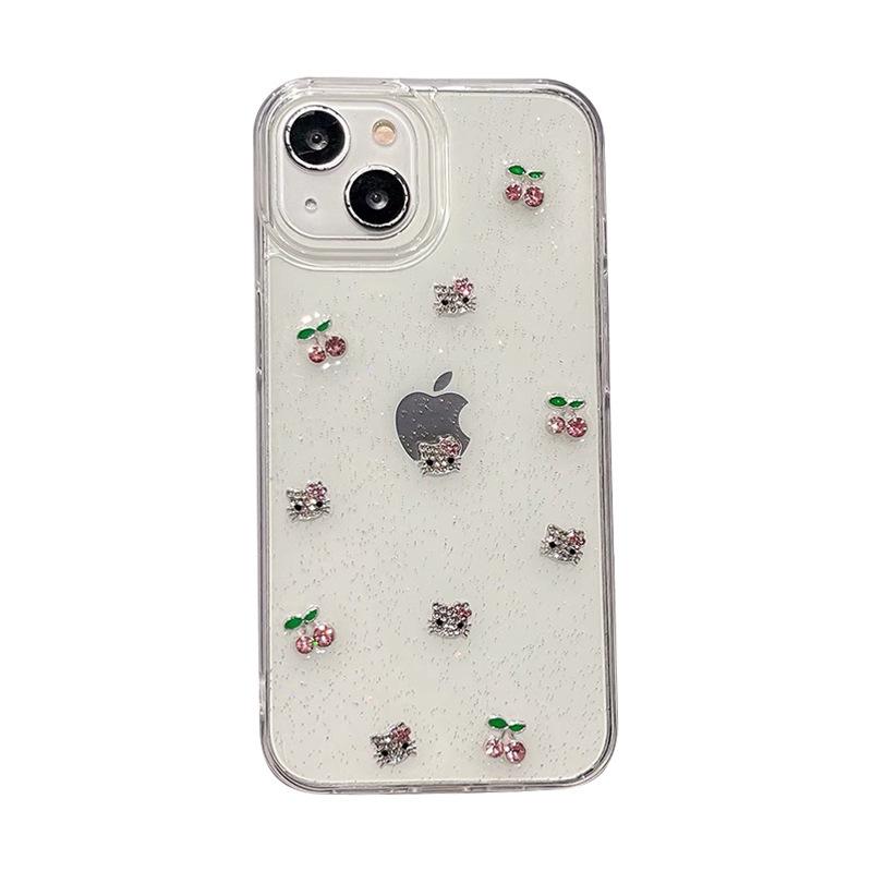 Abstract KT Cat Cherry Phone Case for IPhone17promax Glitter for Apple 15plus Epoxy 14 Transparent