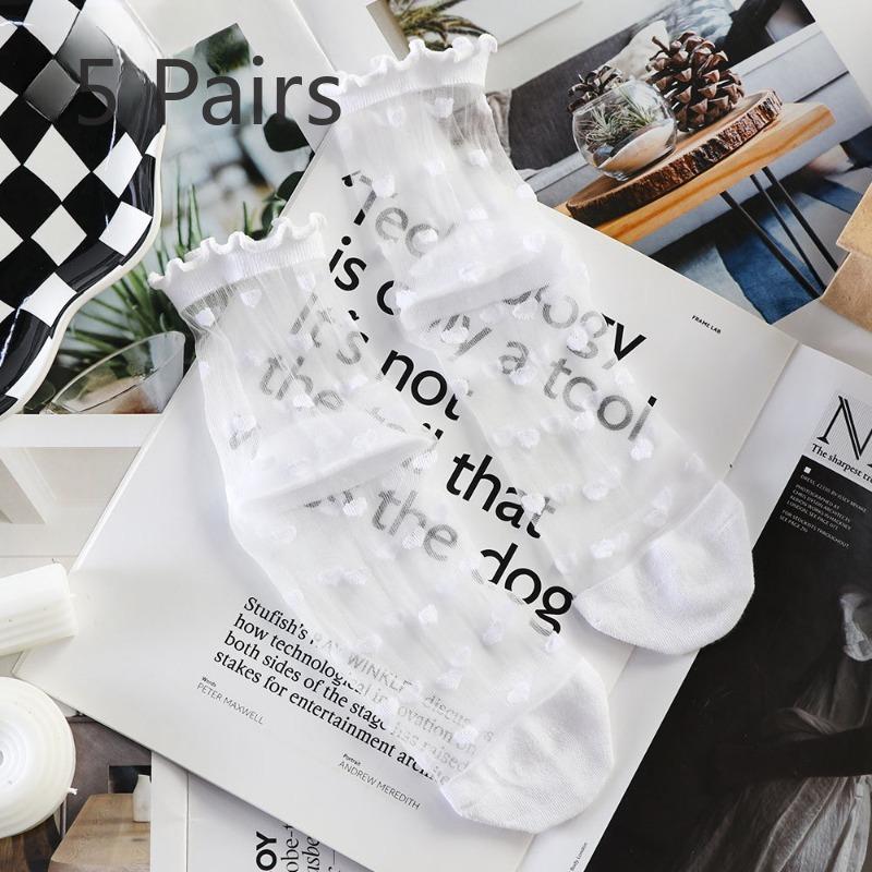 5 Pairs of Women's Spring and Summer Striped Lace Love Glass Silk Socks