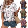 Floral Print Round Neck T-hole Casual Short-sleeved Pleated Flower Women