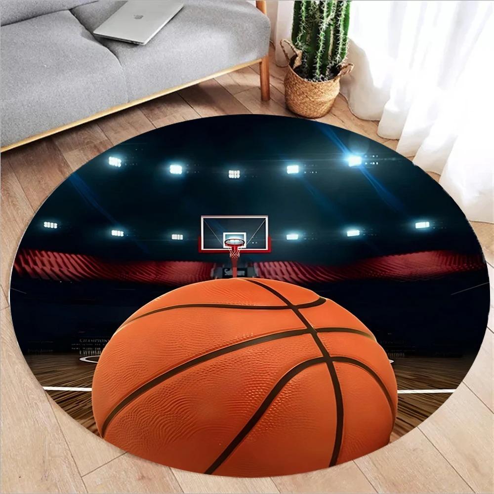 Basketball Court Round Rug Sports Stadium Pattern Soft Flannel Carpet Vibrant Design for Boys' Bedroom Game Room Sports Themed
