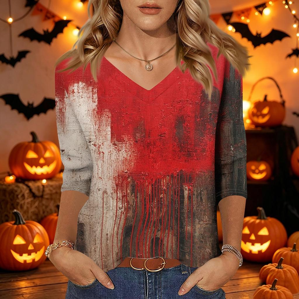 Damen Freizeit Halloween Aufdruck V-Ausschnitt Dreiviertelarm Oberteil Leicht Bequeme Passform Stilvolles Design für den Alltag