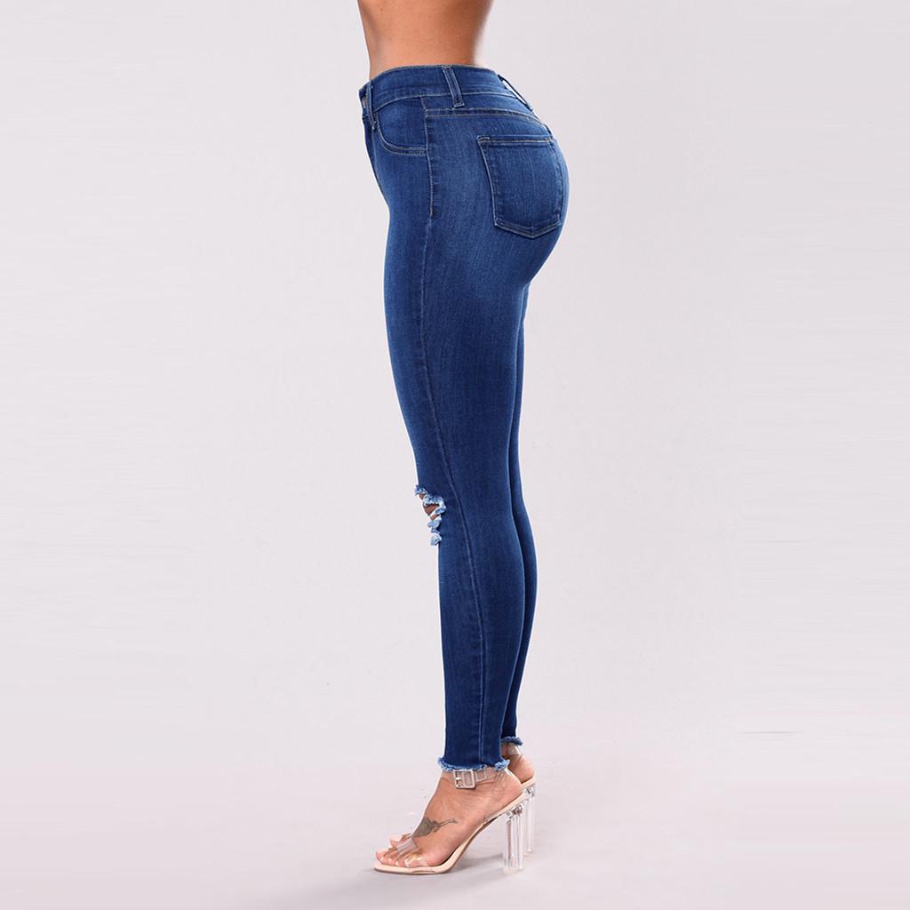 Fashion Womens Jeans Denim Hole Female Mid Waist Stretch Slim Sexy Pencil Pants
