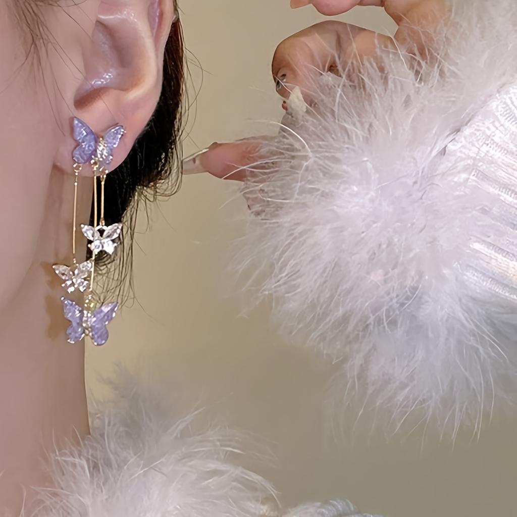 Brincos de Franja Borboleta Roxo Claro, Acessório de Temperamento Delicado Estilo Elegante Perfeito para Festa Uso Diário, para Adolescente