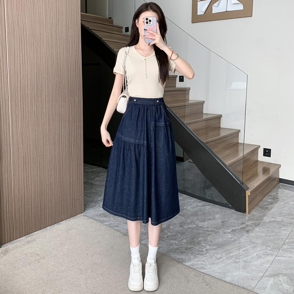 Dimanaf Plus Size New Spring Denim Skirts Women A-Line Clothing Fashion Loose Pleated Skirt High Waist Vintage