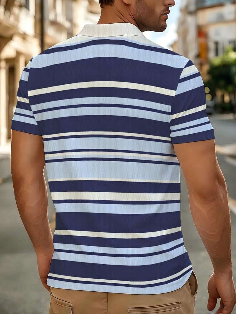 Men'S Outdoor Polo Shirt, Multi-Sizes Available, Men'S Short Sleeve Polo, Blue White Horizontal Stripes Print, White Contrast Collar And Placket,