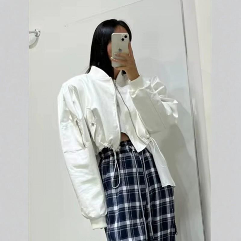 Womens Short PU Leather Bomber Jacket With Ribbed Stand Collar Zip Front Multiple Pockets Loose Fit Urban Casual Style