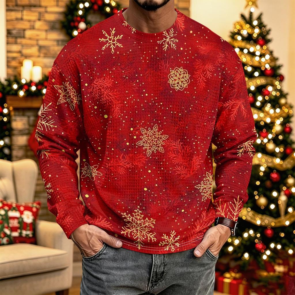 Men's Knit Long Sleeve Neck Casual Top with Christmas Print for Winter