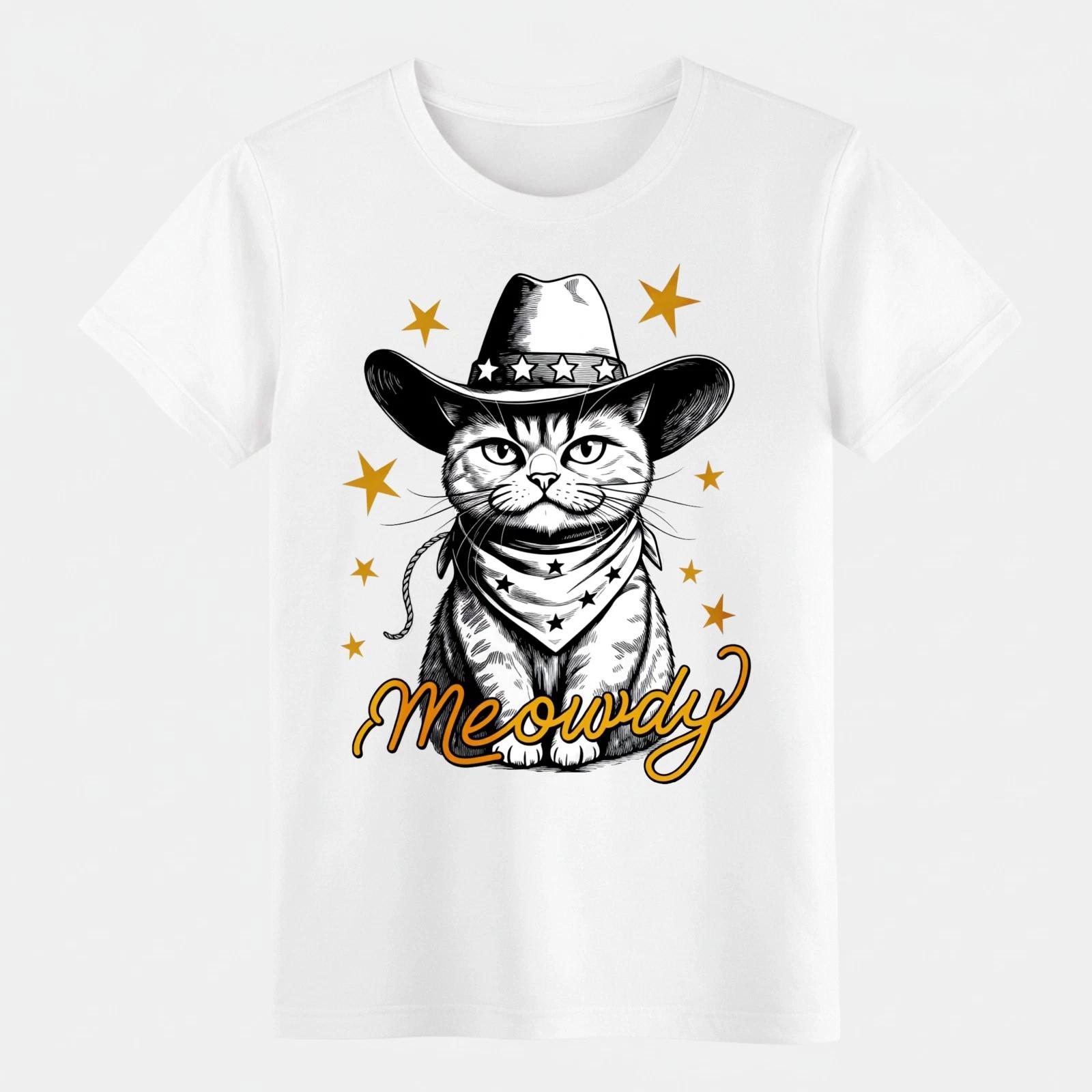 Western Cowboy Cat Meowdy Graphic T-Shirt - Funny Cat Lover Tee L
