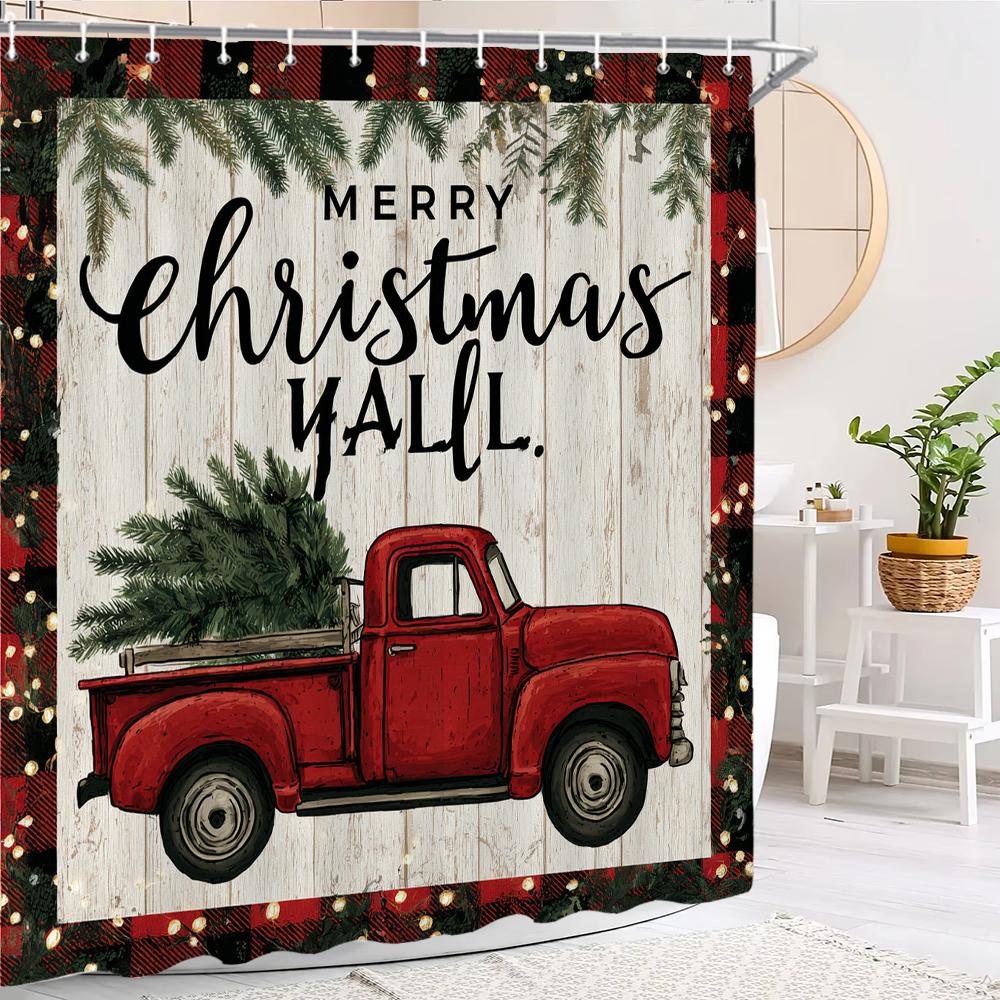 

Christmas truck Shower Curtain, Christmas Bathroom Curtain Decoration With Hook Fabric Christmas Gift Curtain, with Hooks 90x180cm-35x70in