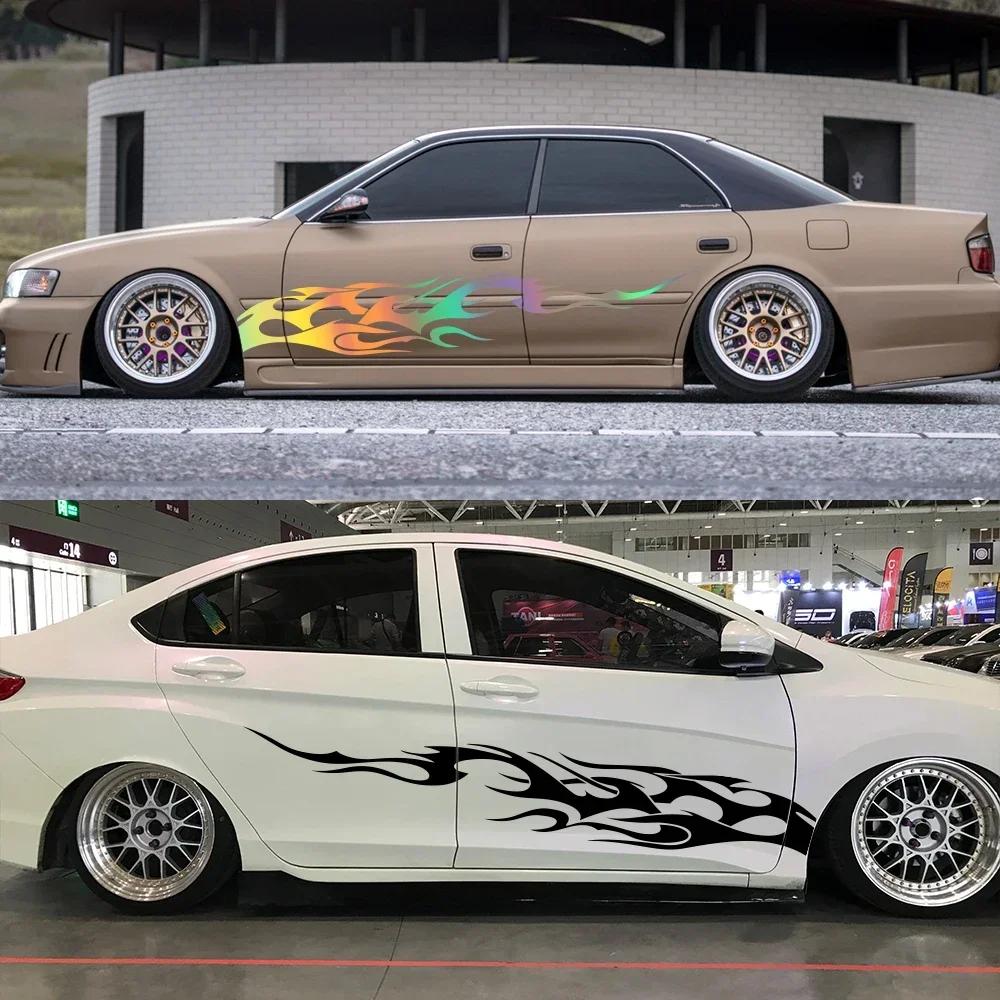 2Pcs Universal Vinyl Flame Graphics Car Body Side Stickers Flame Sports Racing Stripe Decorations Suitable For All Cars SUV