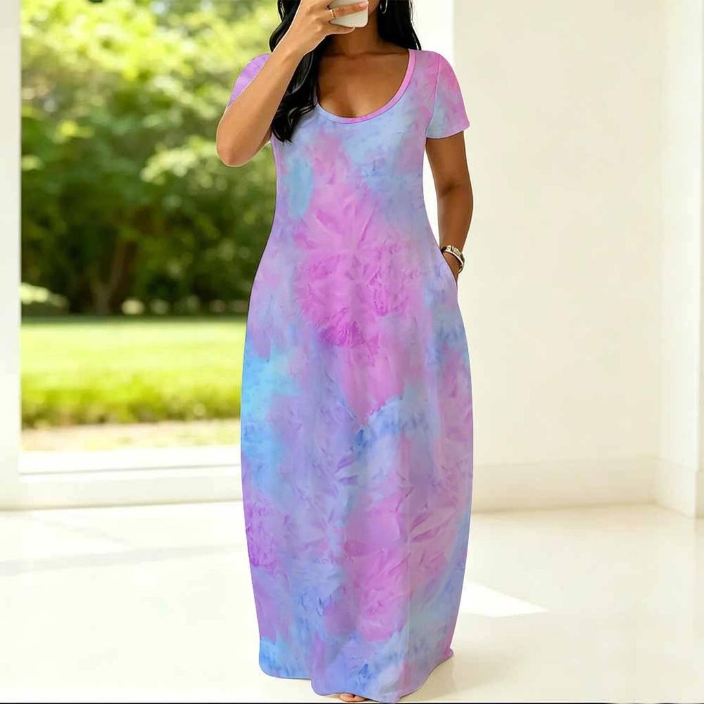 Ladies Curvy Fit Crew Neck Short Sleeve Dress Light Loose Outfit Designed For Summer Daily Hangouts