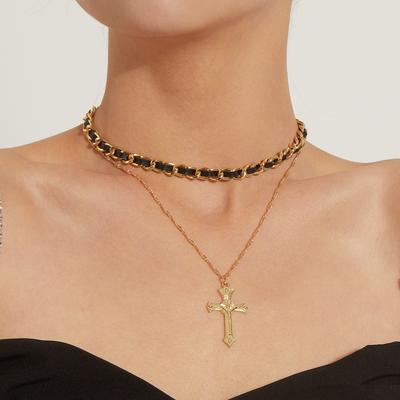 Vintage Cross Pendant Necklace Women Gothic Leather Choker Layered Chain Punk Jewelry Steel Color Adjustable Gift