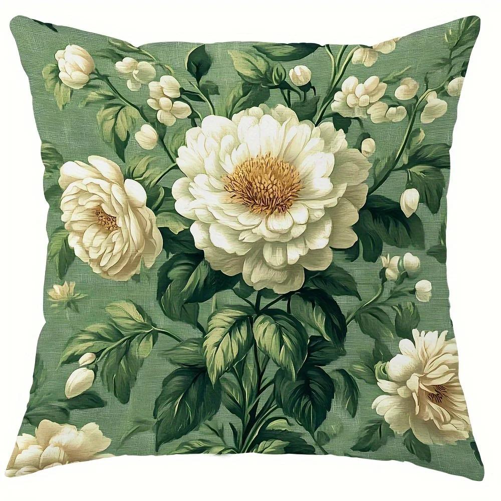 Vintage Green Floral Pillowcase D Flat Printed Peach Skin Cushion Cover Elegant White Peony Sofa Bed Home Decor Living Room