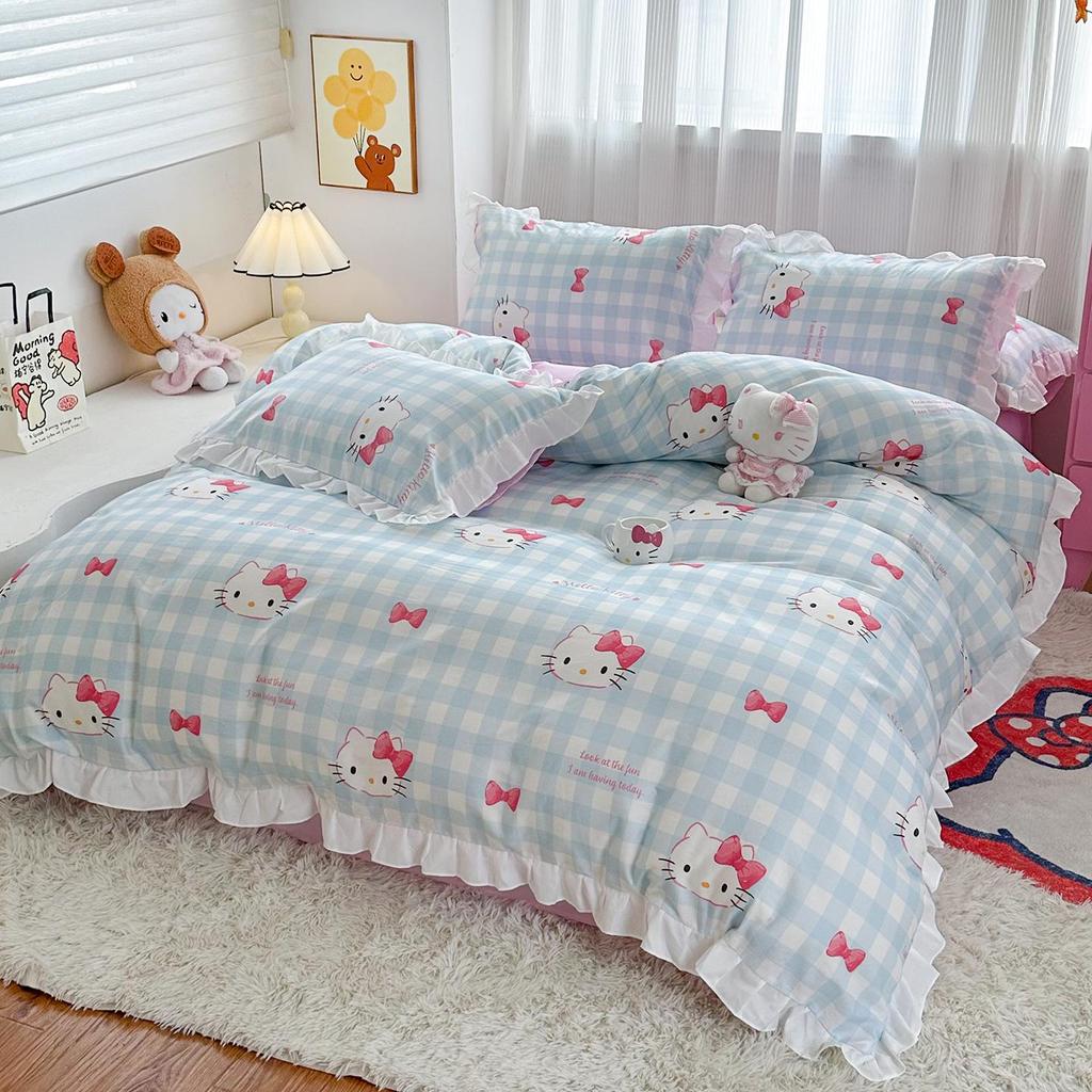 Official Sanrio Hello Kitty All-Cotton 4-Piece Bedding Set - Sheet, Pillowcase & Bed Skirt for Dorms