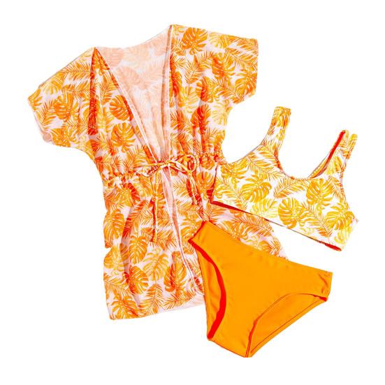 

3 шт./комплект детский купальник с принтом листьев, высокая талия, быстросохнущий комплект бикини, детский купальный костюм, летняя пляжная одежда для девочек, одежда для отдыха в спа-салоне, серфинга 160cm