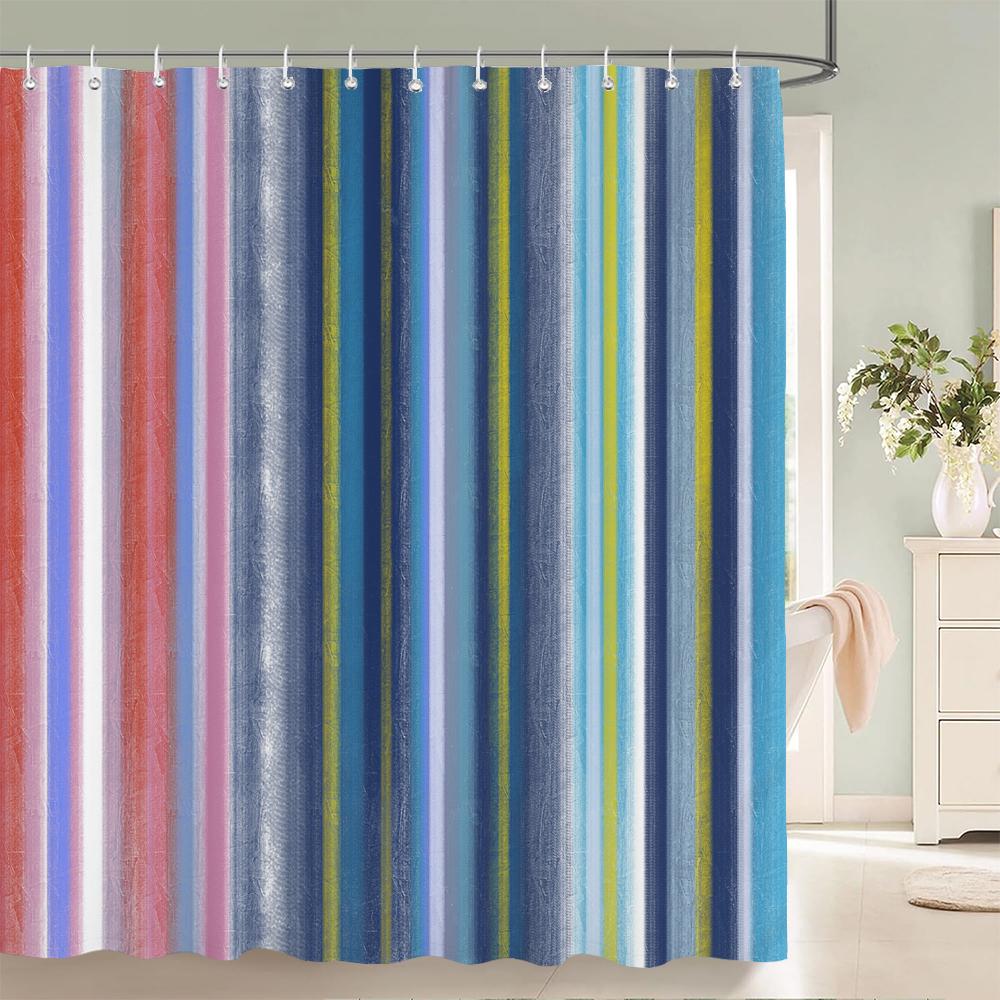 1 Pcs Shower Curtain Color Stripe Printed Bathroom Curtain Polyester Cloth Waterproof Home Decoration Curtain With Hooks