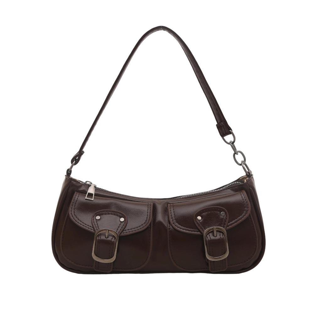 

Fashion Double Pocket Shoulder Bag Glossy PU Leather Underarm Bag Solid Color Zipper Top Handle Bag Women кавовий