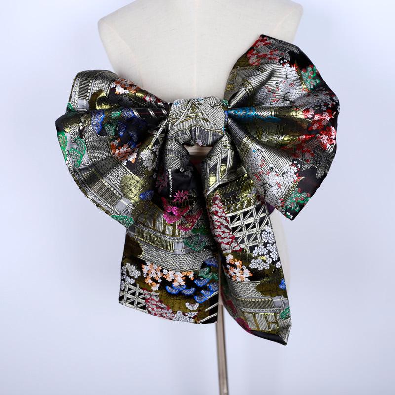 Japanese Kimono Obi: Brocade Jacquard Taiko Bow with Floral Knot Trim