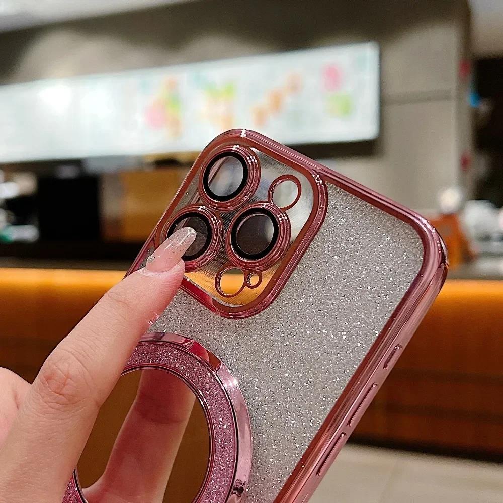 Glitter Gradient Mirror Bracket Case for iPhone 15 14 13 16 Pro Max 12 11 X Xr Xs 8 7 Plus for Magsafe Ring Holder Plating Cover