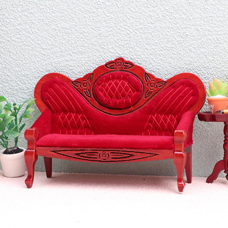 1:12 Dollhouse Miniature Sofa Red Retro Armchair Wooden Patch Sofa Model Living Room Furniture Decor Toy