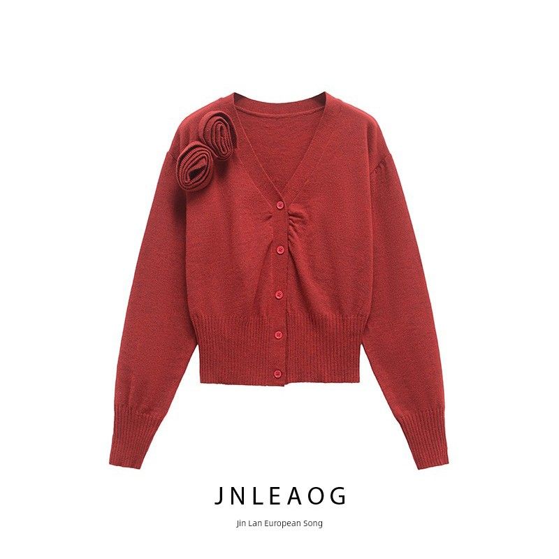 Jnleaog Autumn New Women's Clothing Fashion Style French Fashion All-Match Casual Long Sleeves V-neck Knitted Jacket