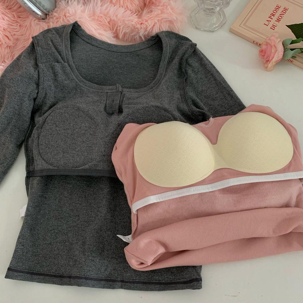 Women's Slim Fit Square Collar Long-Sleeved T-Shirt with Chest Pads for Autumn and Winter