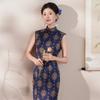 1011 New New Chinese Improved Cheongsam Women's Blue Jacquard Sleeveless Long Daily High Sense Retro Elegance Even