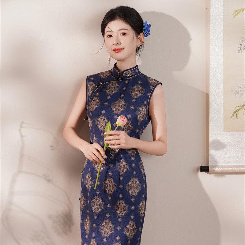 1011 New New Chinese Improved Cheongsam Women's Blue Jacquard Sleeveless Long Daily High Sense Retro Elegance Even