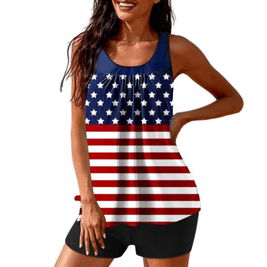 2Pcs/Set Women Tankini Set American Independence Day Print Vest Solid Color Swimming Shorts Set Swimwear