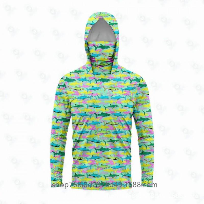 Mens Quick-Dry Ice Silk Long Sleeve Fishing Shirt With Hood Integrated Face Cover UV Protection Outdoor Sunproof Apparel