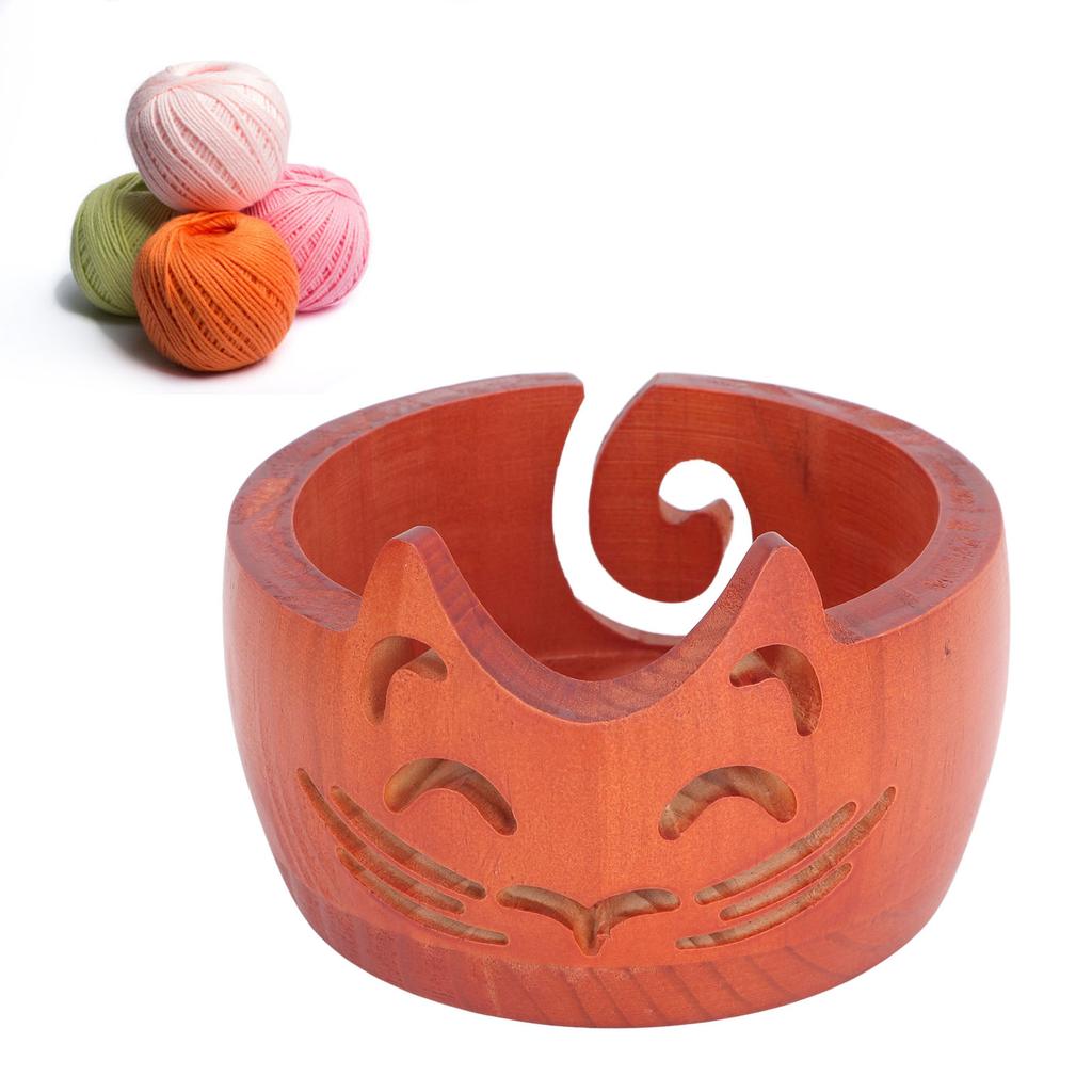 Yarn Bowl Wooden Cute Cat Shape Holder Dispenser Crochet Storage Supplies