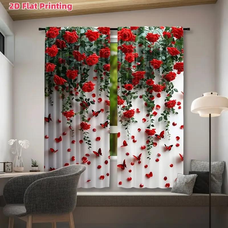Light Filtering Romantic Red Rose Butterfly Print Curtains Flat Digital Design Fabric Perfect Living Room Curtain Set Of 2 Made Polyester Washable