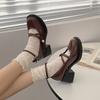Fashion Women Loafers Retro Brown Mary Jane Shoes Women Pu Leather Thick Heels Lolita Shoes Woman Uniform Pumps Ankle Buckle Heeled Shoe