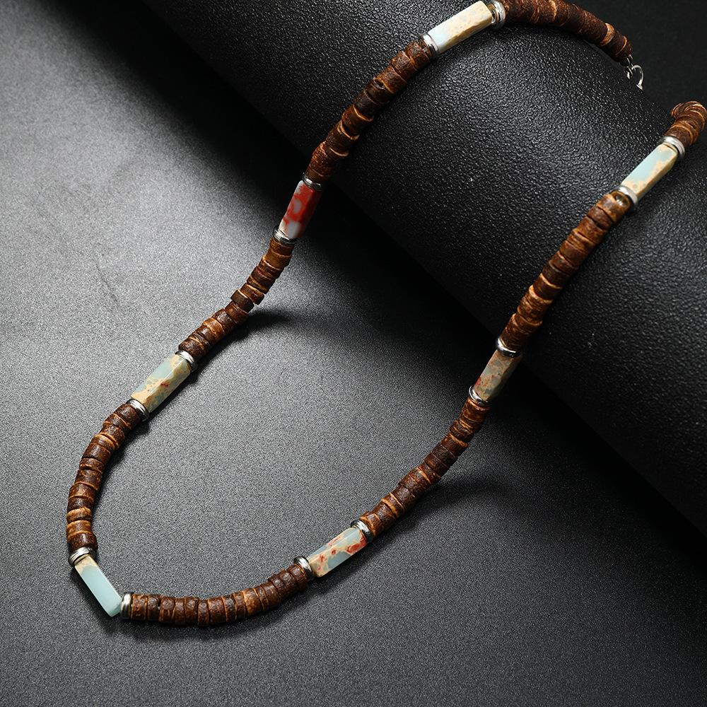 Coconut Shell Wood Bead Necklace with Natural Stone Bohemian Ethnic Unisex