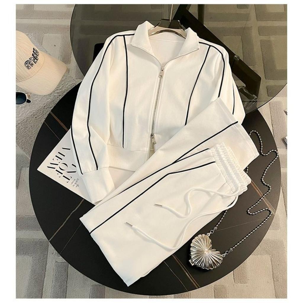 Costum Sport, Costum Damă, Costum Casual, Hanorac cu Fermoar, Pantaloni cu Picior Larg, Set din Două Piese