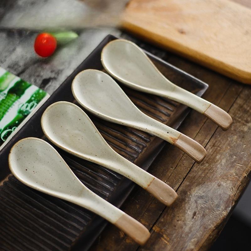 Japanese Handmade Clay Small Spoon Ceramics Creative Eating Spoon Soup Vintage Stoneware Tableware Household Kitchen Supplies