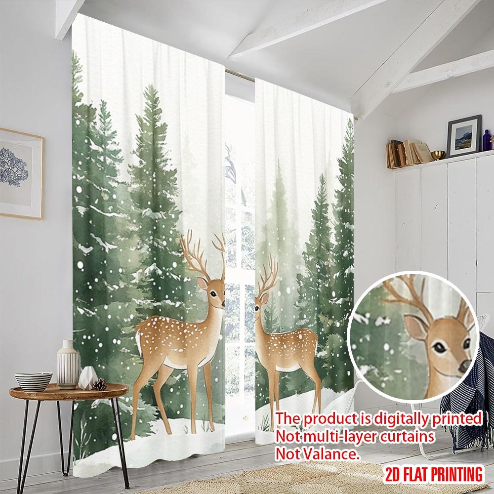 2pcs  2D plane printing Curtains&Window Treatment Deer Snow Pine Forest (2) Versatile Polyester (without rod) Home Decor for