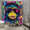 Digitale Duschvorhang - Stilisierter Affe, Bunte Kopfhörer, Psychedelischer Hintergrund, Verspieltes Design