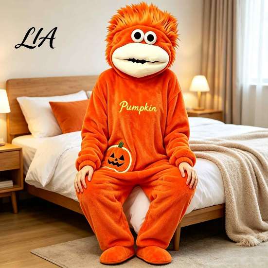 Cartoon Creature Costume Big Mouth Onesie Pajamas, Halloween Pumpkin Fleece Loose Fit Pajamas Hooded Unisex One Piece Sleepwear Loungewear