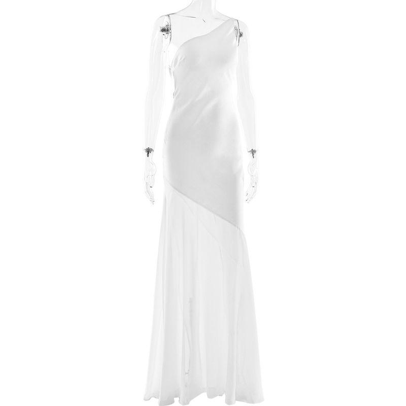 

Qianjin Socialite New Formal Dress Elegant Summer Sloping Shoulder Backless Slim fit Long dress Sexy Solid Mesh Patchwork Fishtail Skirt White L