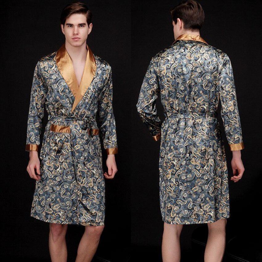 Fashion Men's Pajamas Summer Satin Printed Casual Foldable Collar Bathrobe Pajamas Home Casual Wear